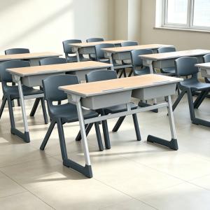Double Student Desk and Chair Set with Metal Frame Wooden Desktop Storage Drawers for Classroom or Home