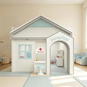 Indoor Kids Wooden Playhouse Toddler Role Play Set with Pretend Game Activity Center for Nursery and Daycare