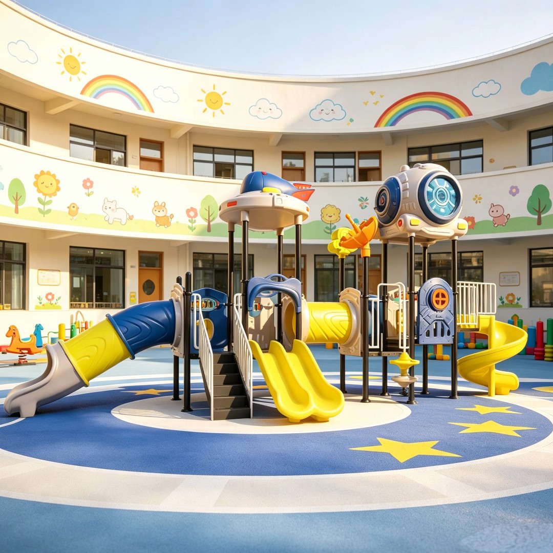 Daycare Kids Outdoor Playground Set with Double Slip Slide Swing Set-Plastic Play Equipment for Garden Backyard Park Preschool
