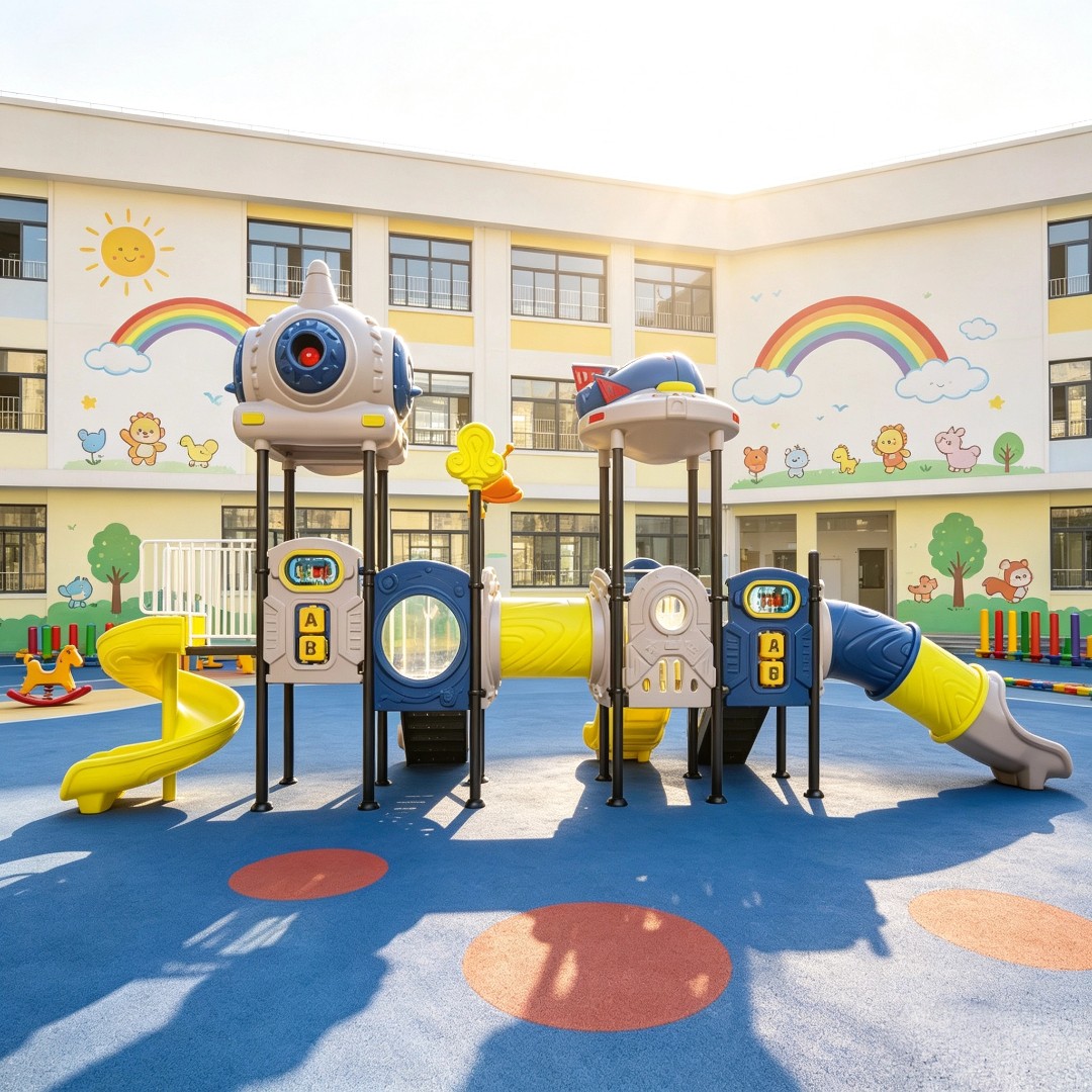 Daycare Kids Outdoor Playground Set with Double Slip Slide Swing Set-Plastic Play Equipment for Garden Backyard Park Preschool