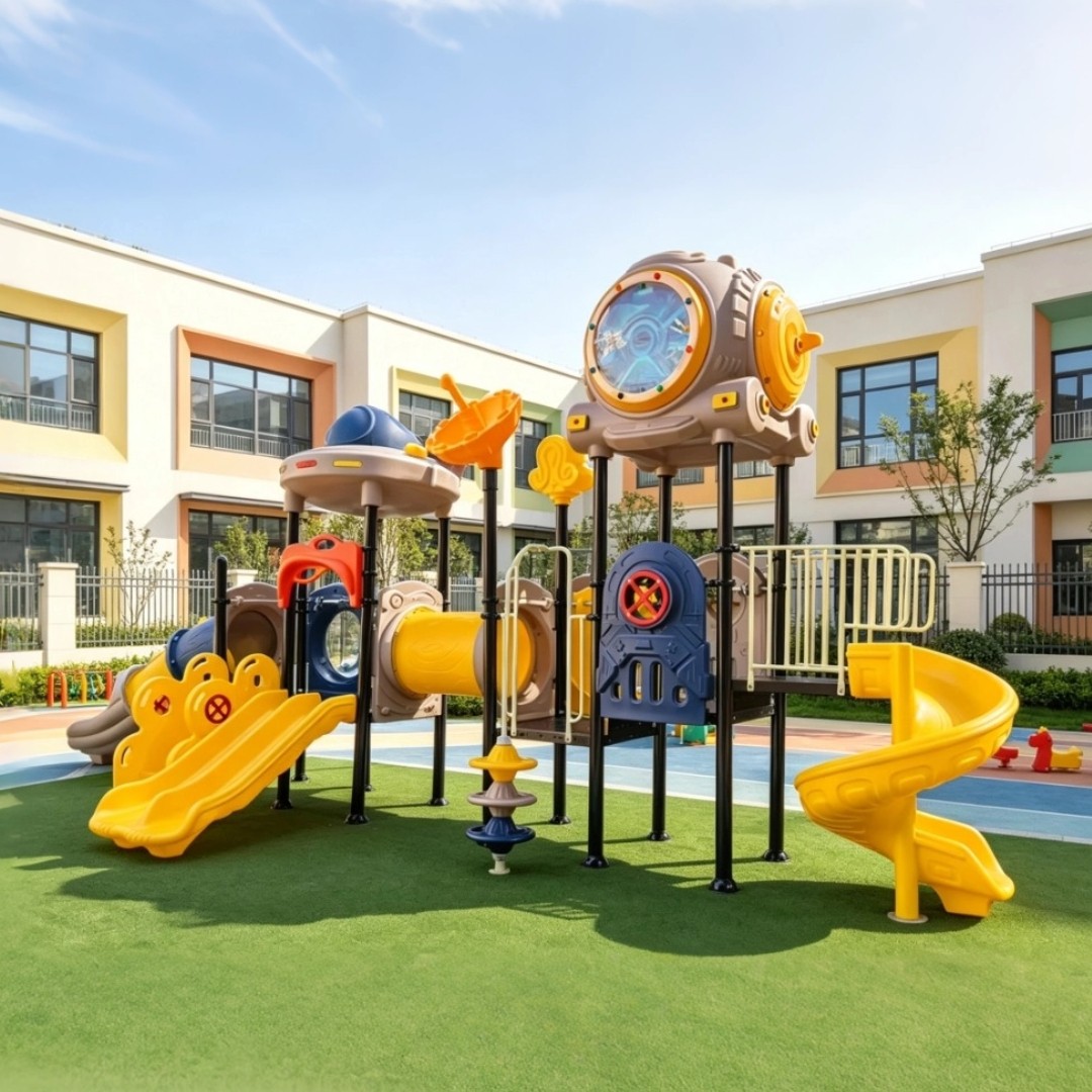 Daycare Kids Outdoor Playground Set with Double Slip Slide Swing Set-Plastic Play Equipment for Garden Backyard Park Preschool