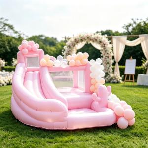 Pink Inflatable Wedding Bounce House with Slide Printing Outdoor Party Event Rental for Adults & Kids