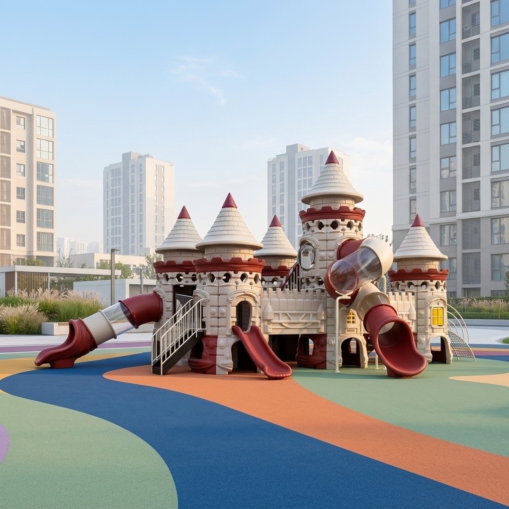 Castle Series Outdoor Playground Set with Swing Tube Slide Climbing Tower Safety Guardrails for Daycare & Preschool Toddlers