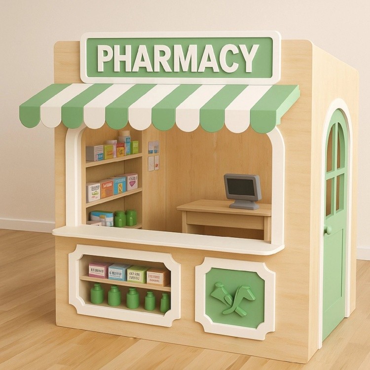 Newest play cafe area Kids Role Play House Indoor Playground Equipment Role Play Town Wooden Pretend House for sale