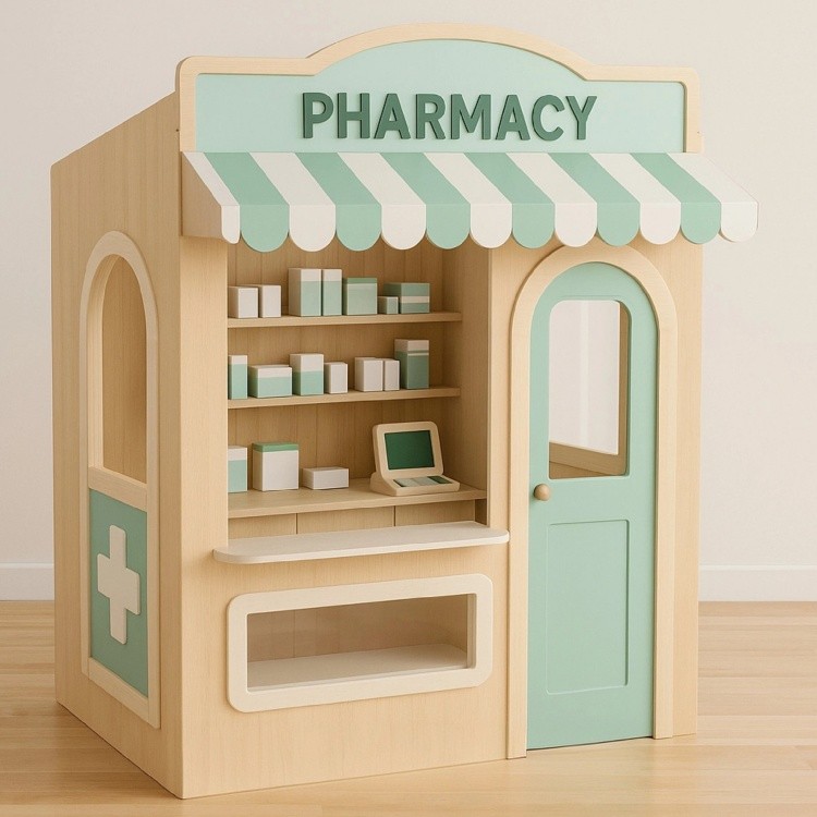 Newest play cafe area Kids Role Play House Indoor Playground Equipment Role Play Town Wooden Pretend House for sale