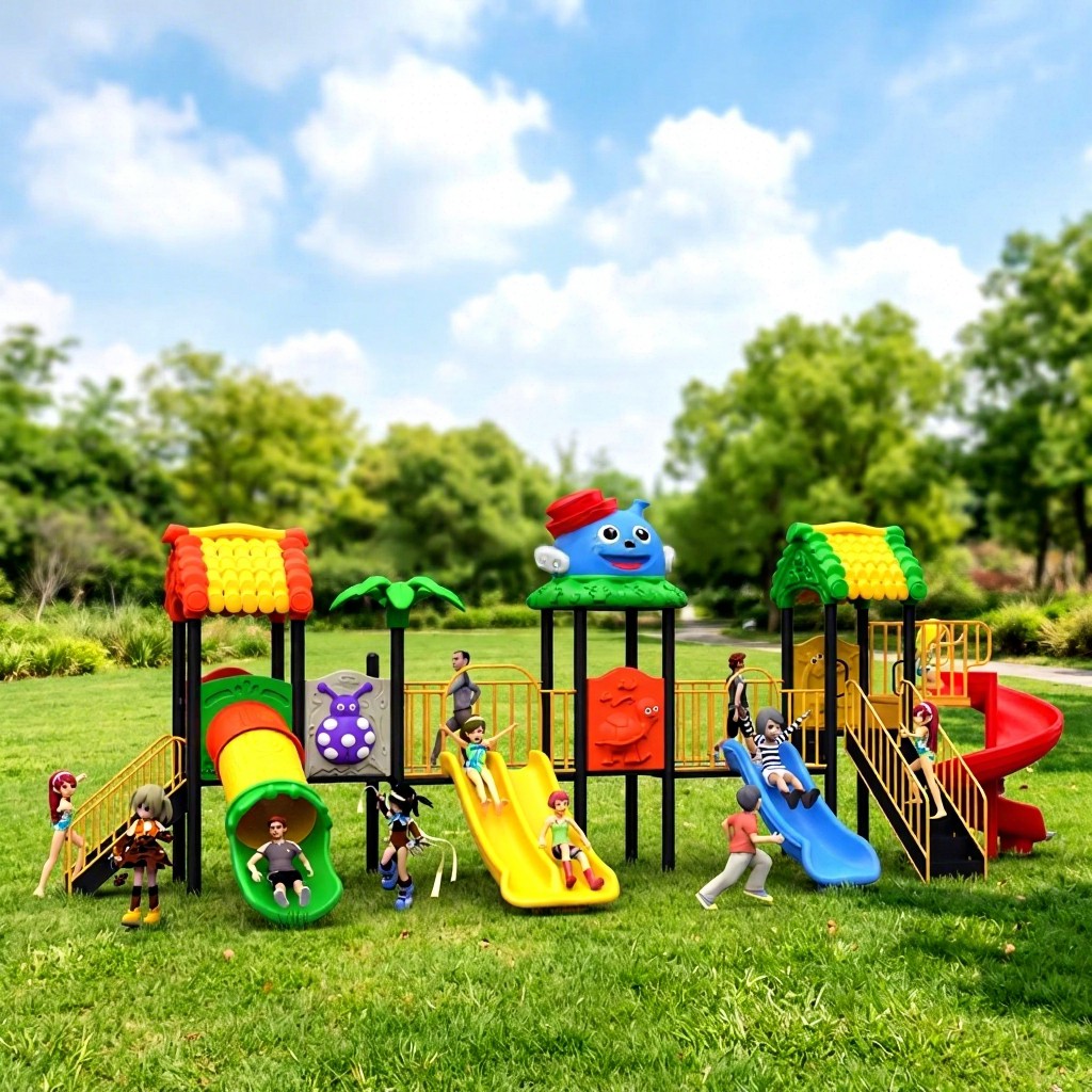 Colorful Big Kids Outdoor Playground Set with Multiple Slides Climbing Towers Swings Safe Design for Preschool & School Yards